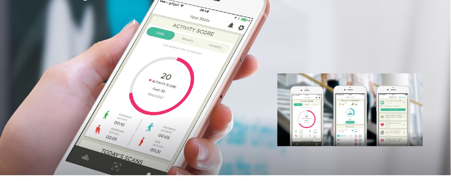 The StepJockey app in use, showing an activity score